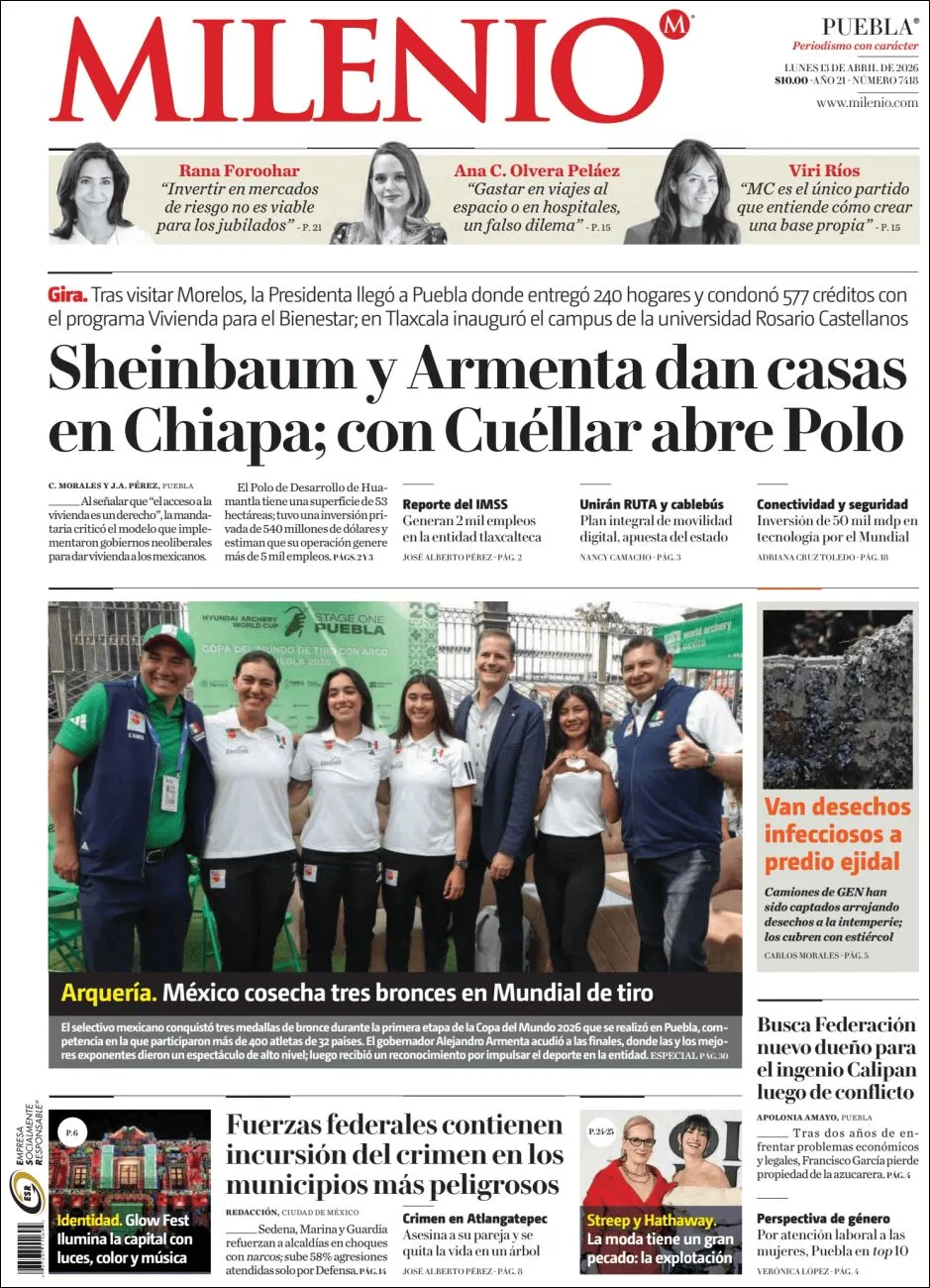 Portada de Milenio Puebla del lunes, 13 de abril de 2026