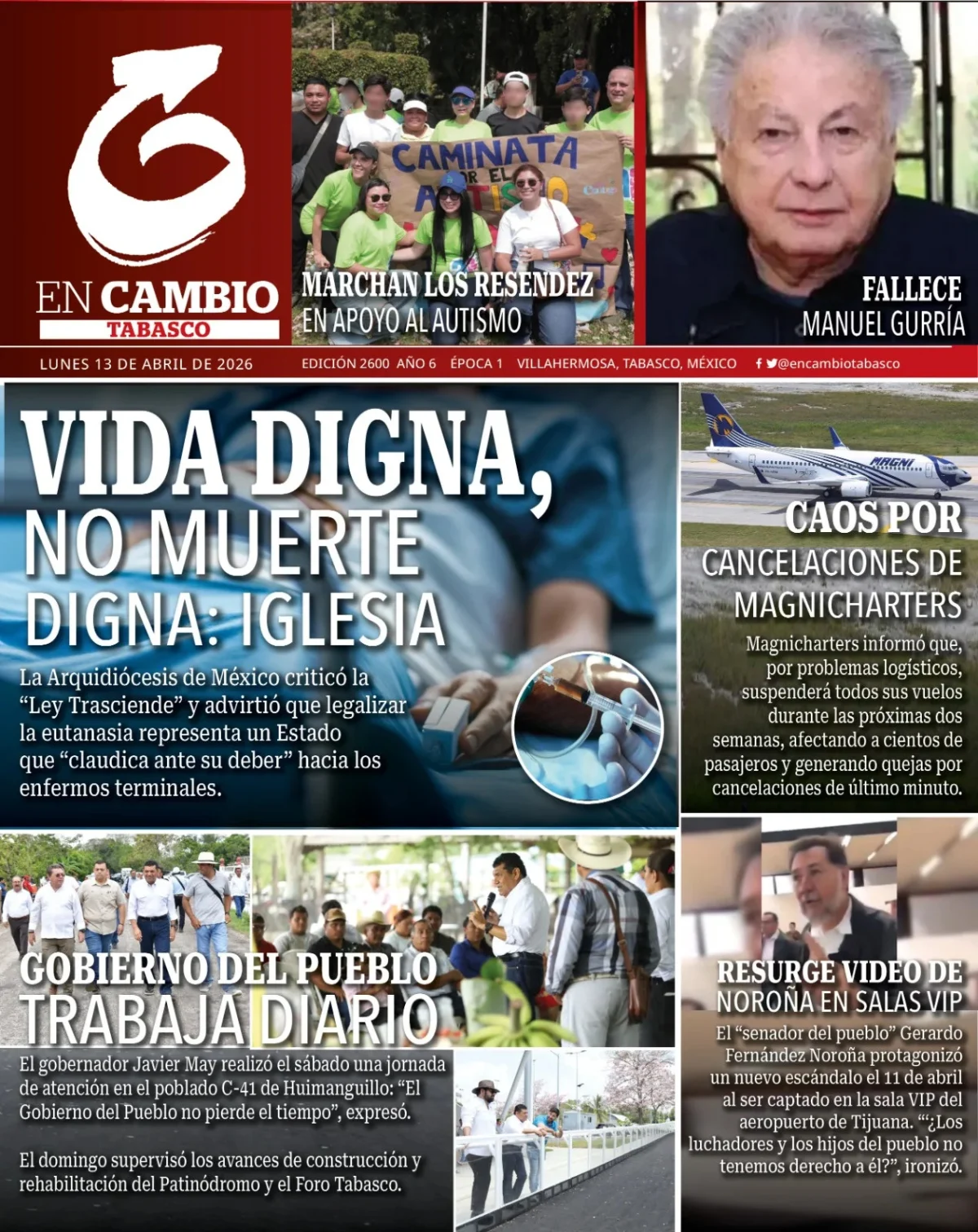 Portada de En Cambio - Tabasco (portada) del lunes, 13 de abril de 2026