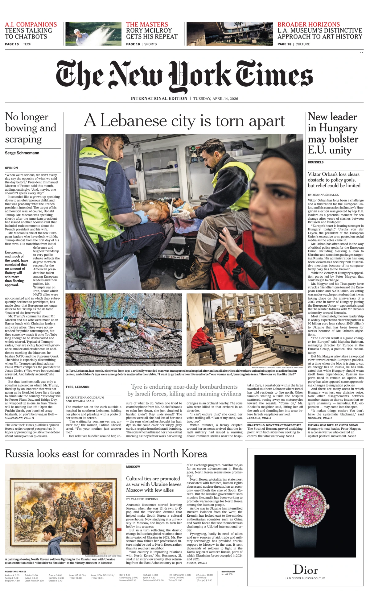 Portada de The New York Times (international) del martes, 14 de abril de 2026