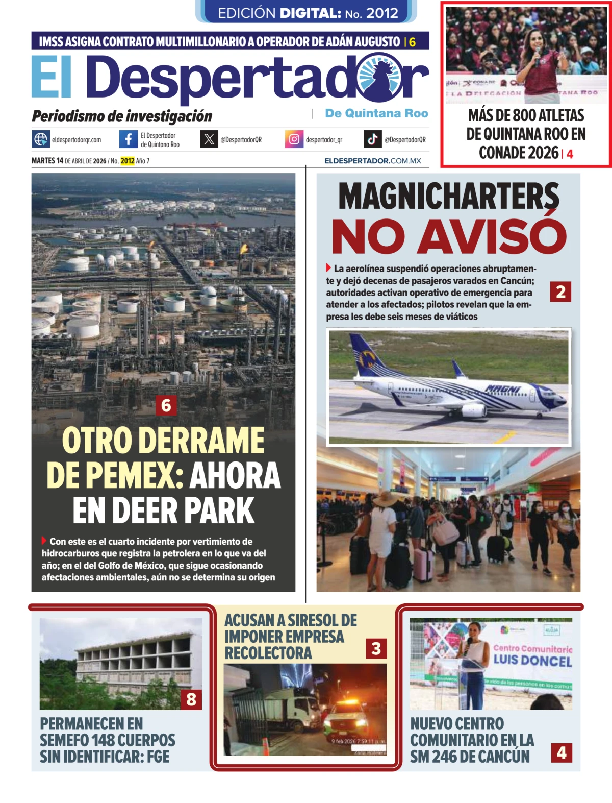 Portada de El Despertador de Quintana Roo del martes, 14 de abril de 2026
