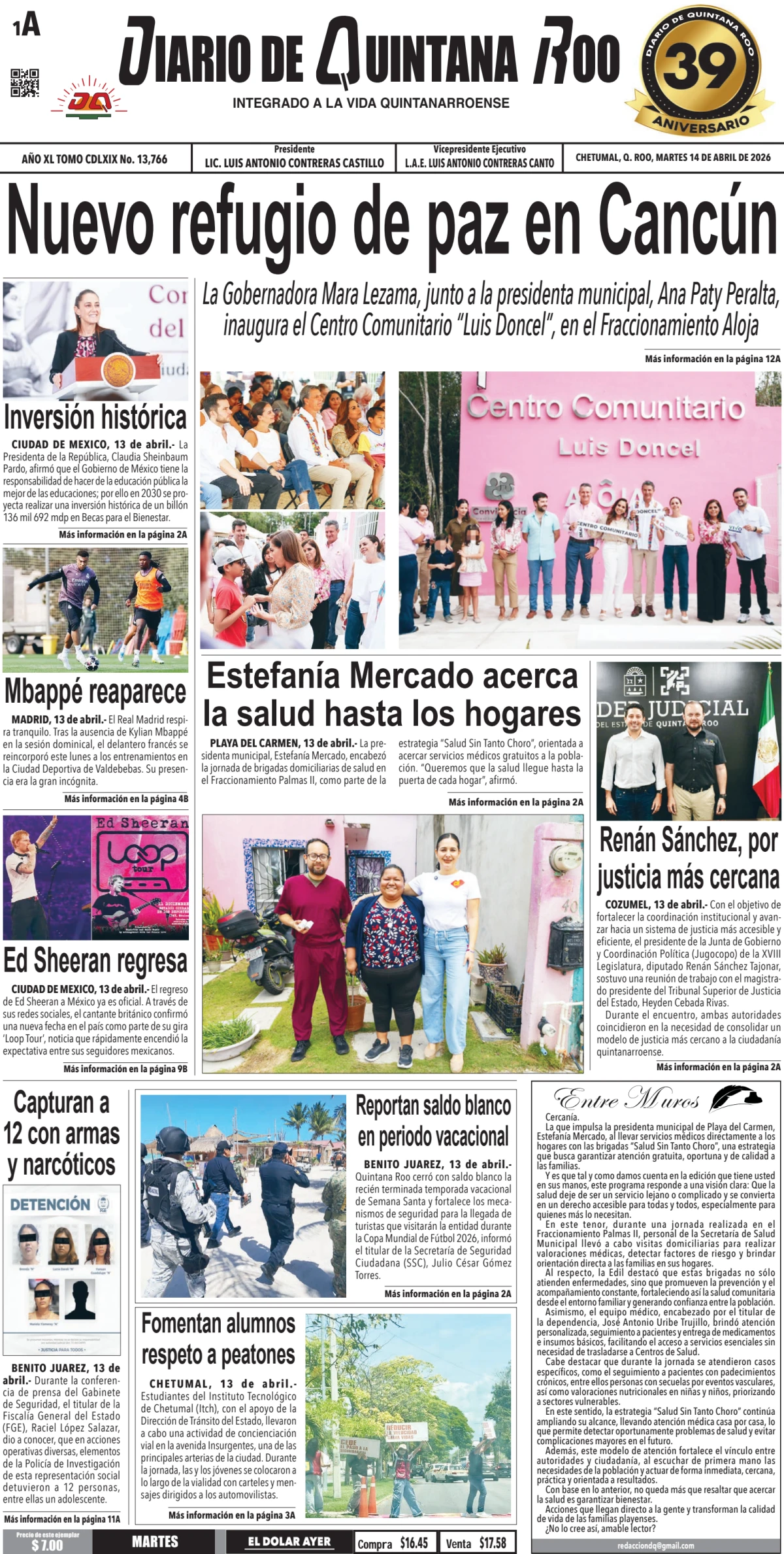 Portada de Diario de Quintana Roo (portada) del martes, 14 de abril de 2026
