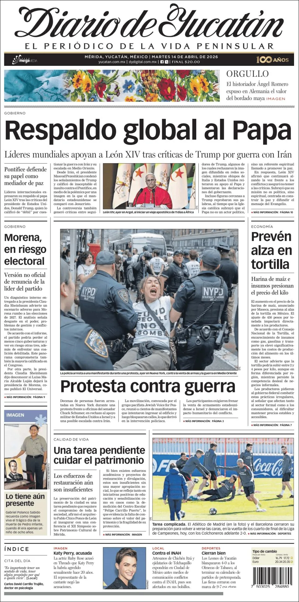 Portada de Diario de Yucatán del martes, 14 de abril de 2026