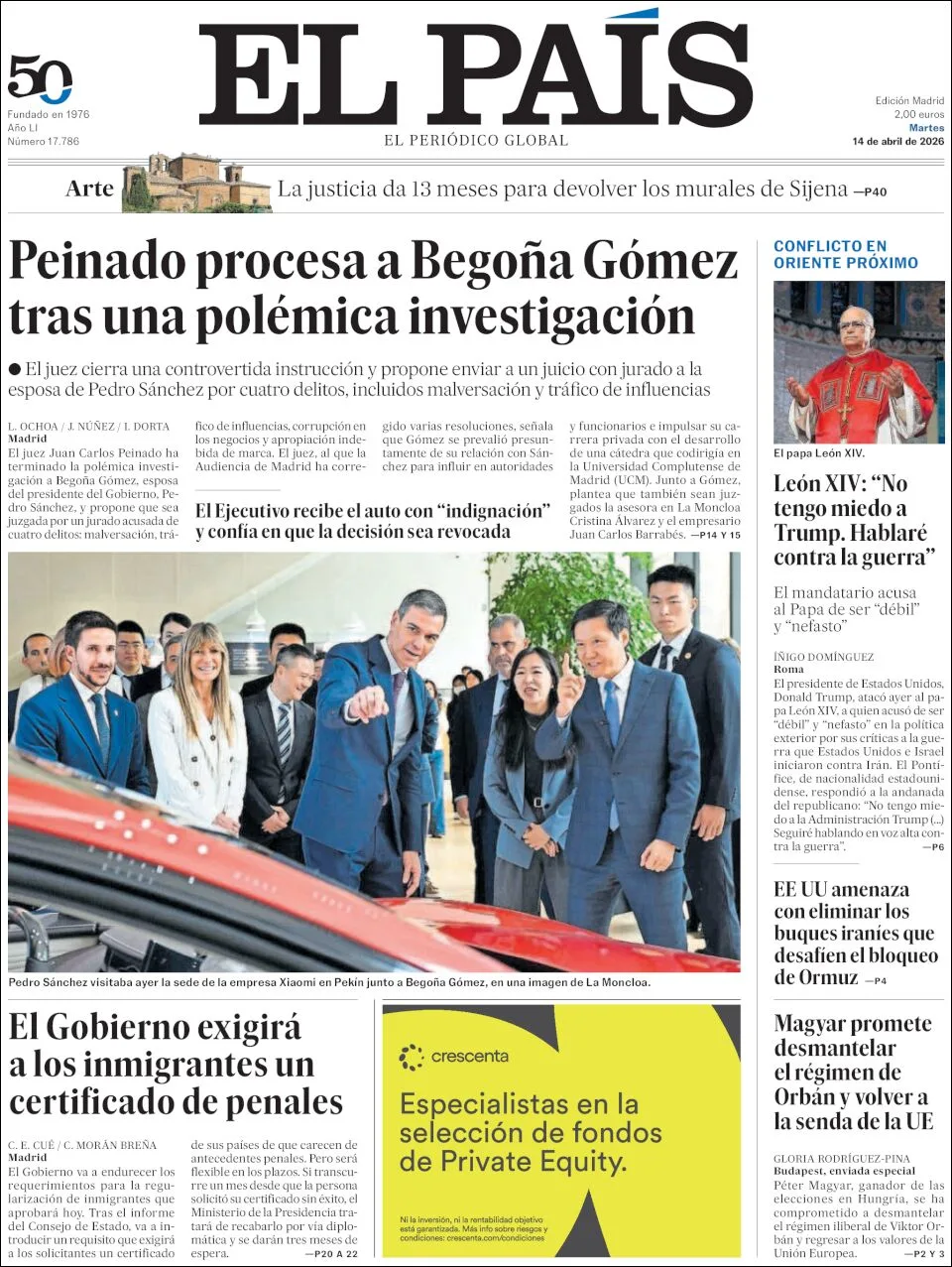 Portada de El Pais del martes, 14 de abril de 2026