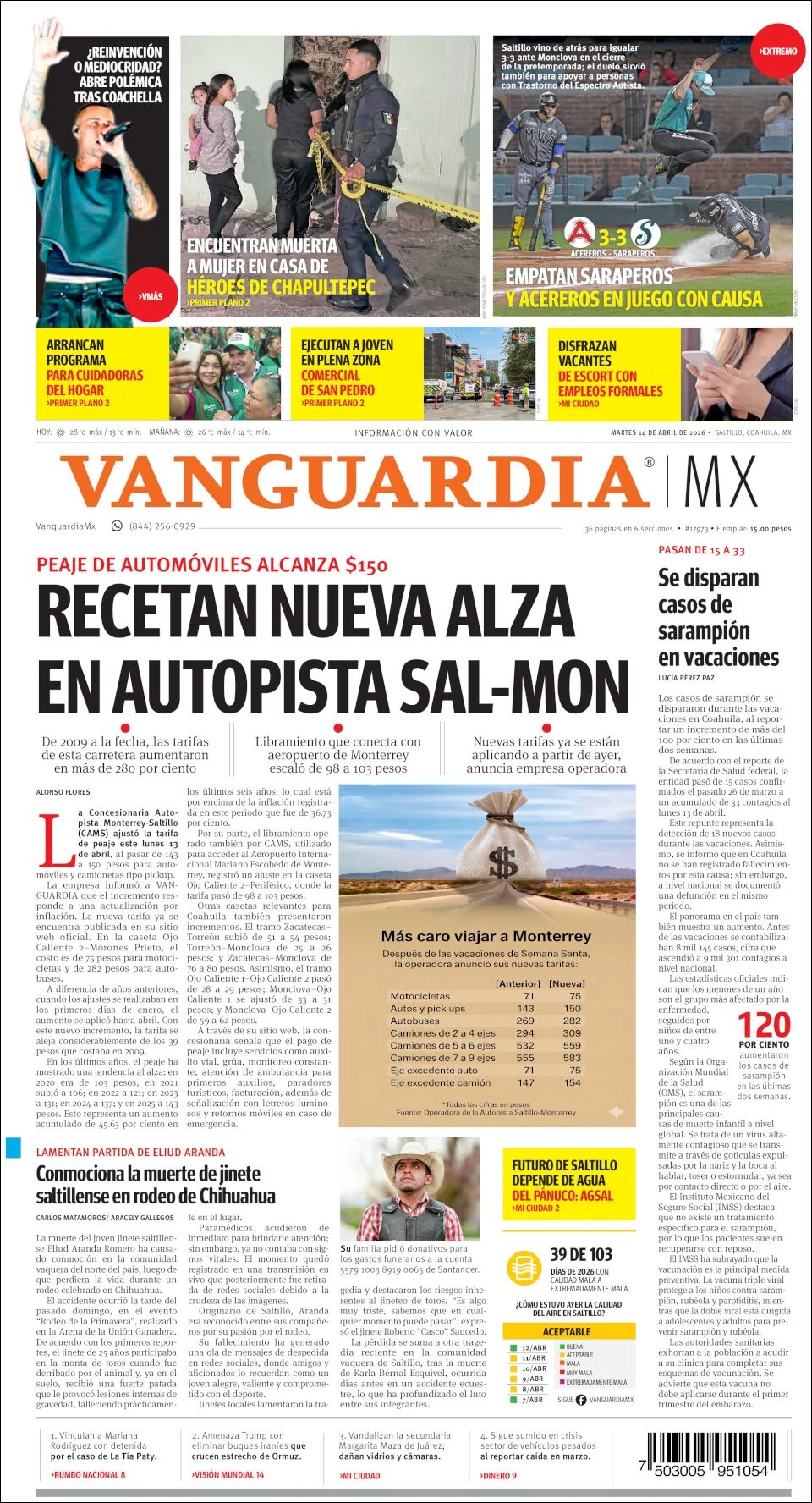 Portada de Vanguardia del martes, 14 de abril de 2026