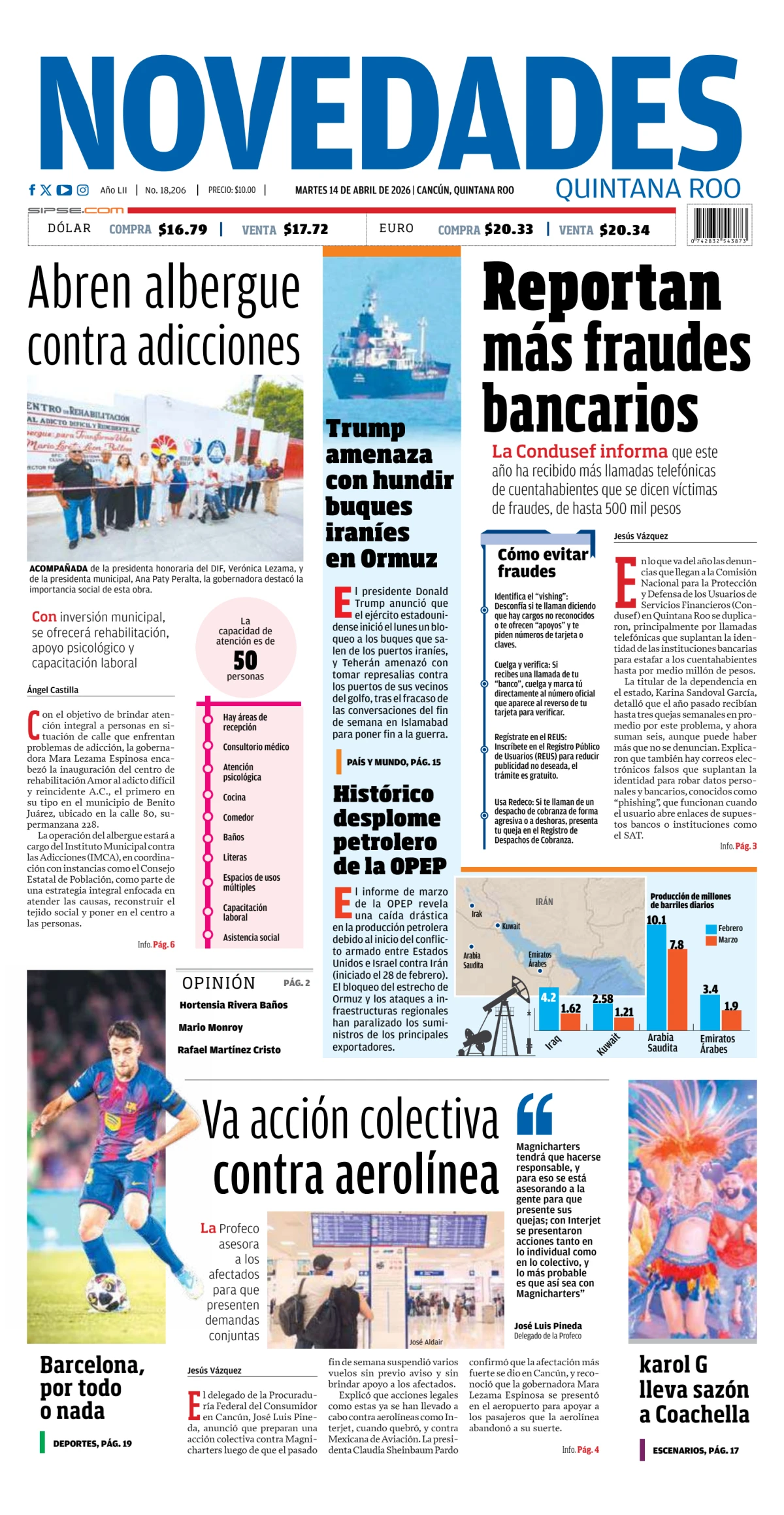 Portada de Novedades Quintana Roo del martes, 14 de abril de 2026