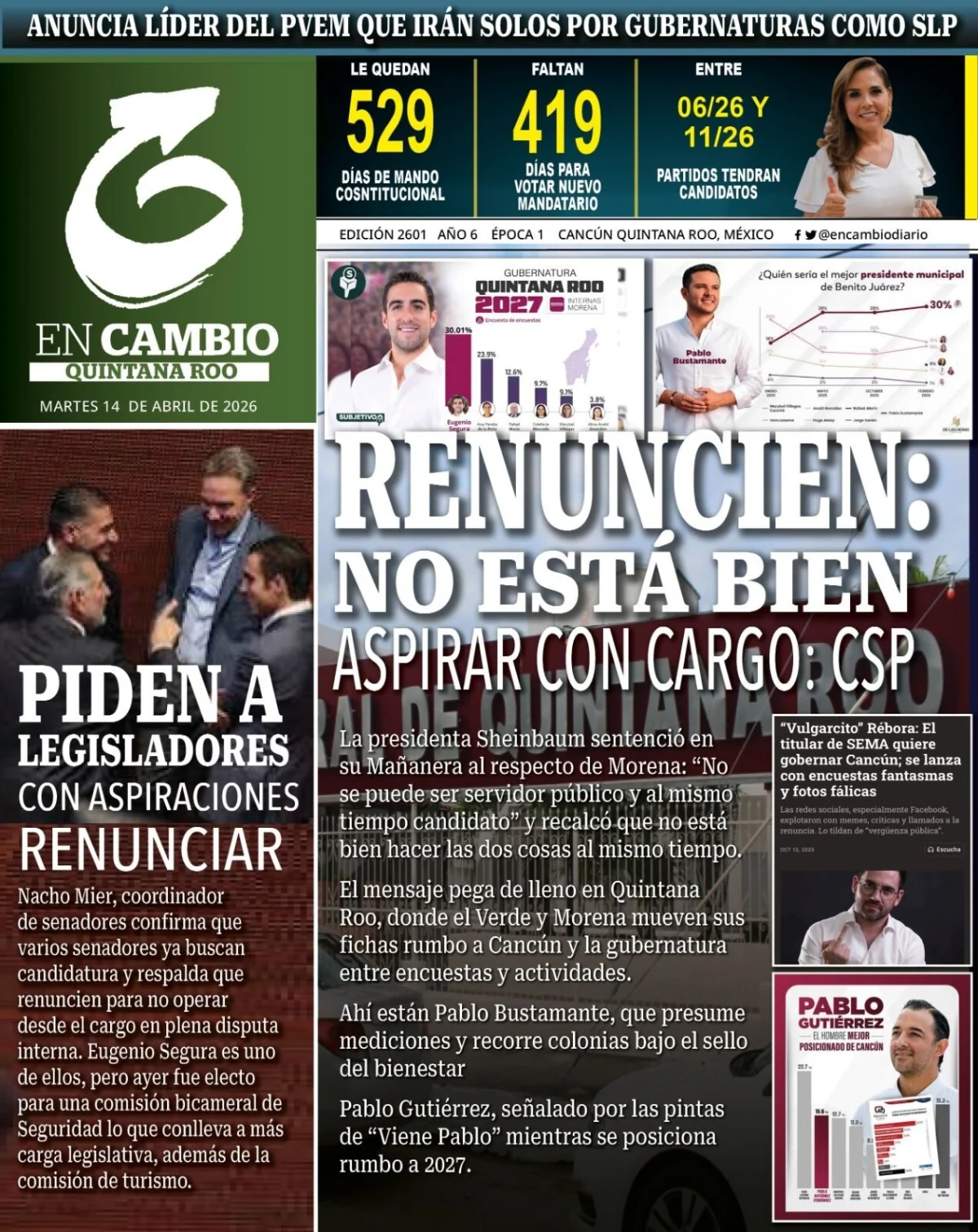 Portada de En Cambio - Quintana Roo (portada) del martes, 14 de abril de 2026