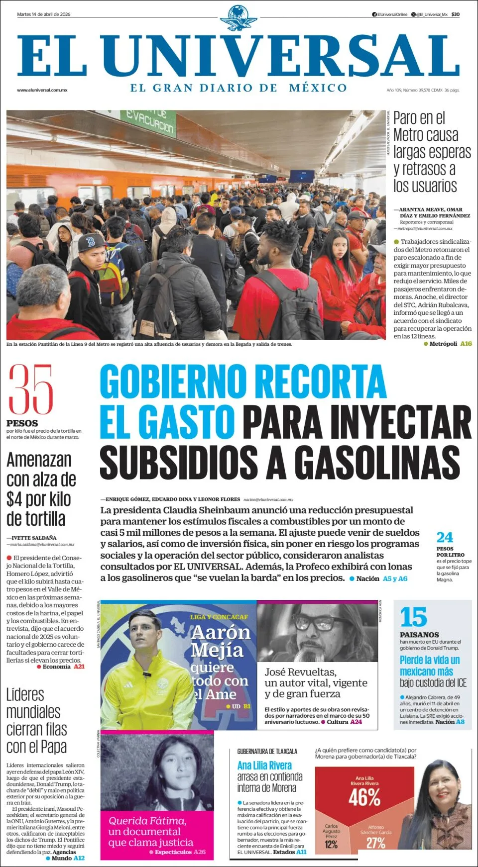 Portada de El Universal del martes, 14 de abril de 2026