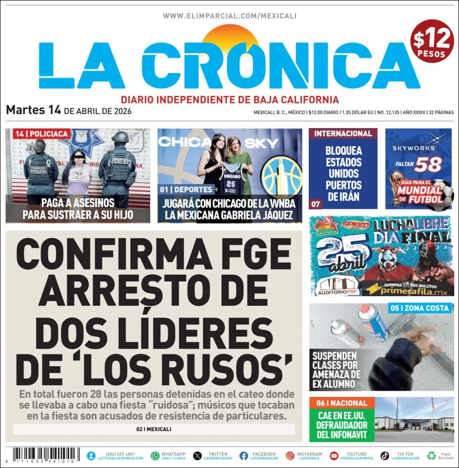 Portada de La Cronica del martes, 14 de abril de 2026