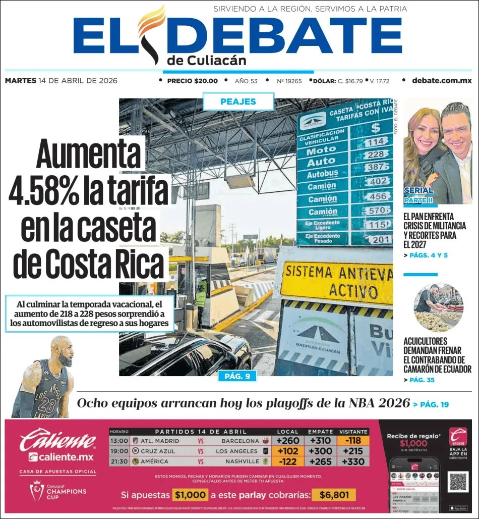 Portada de El Debate de Culiacan del martes, 14 de abril de 2026