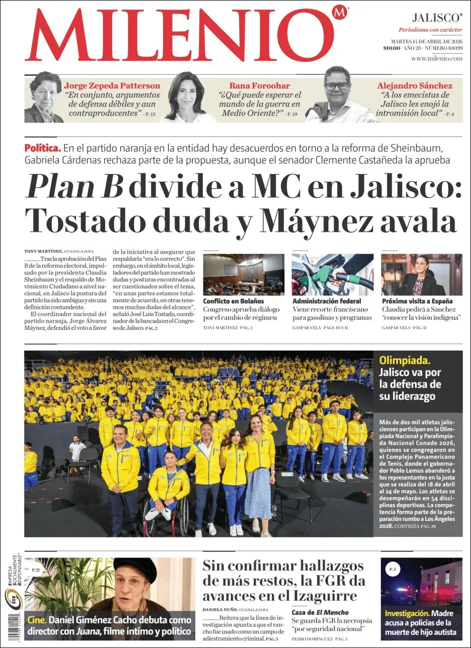Portada de Milenio Jalisco del martes, 14 de abril de 2026