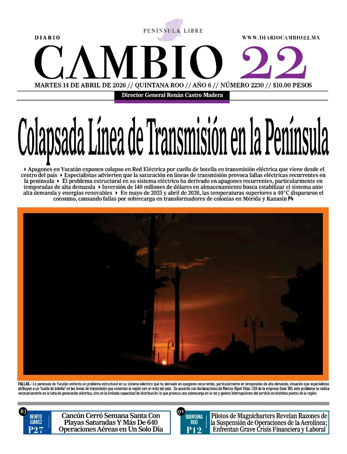 Portada de Diario Cambio 22 (portada) del martes, 14 de abril de 2026