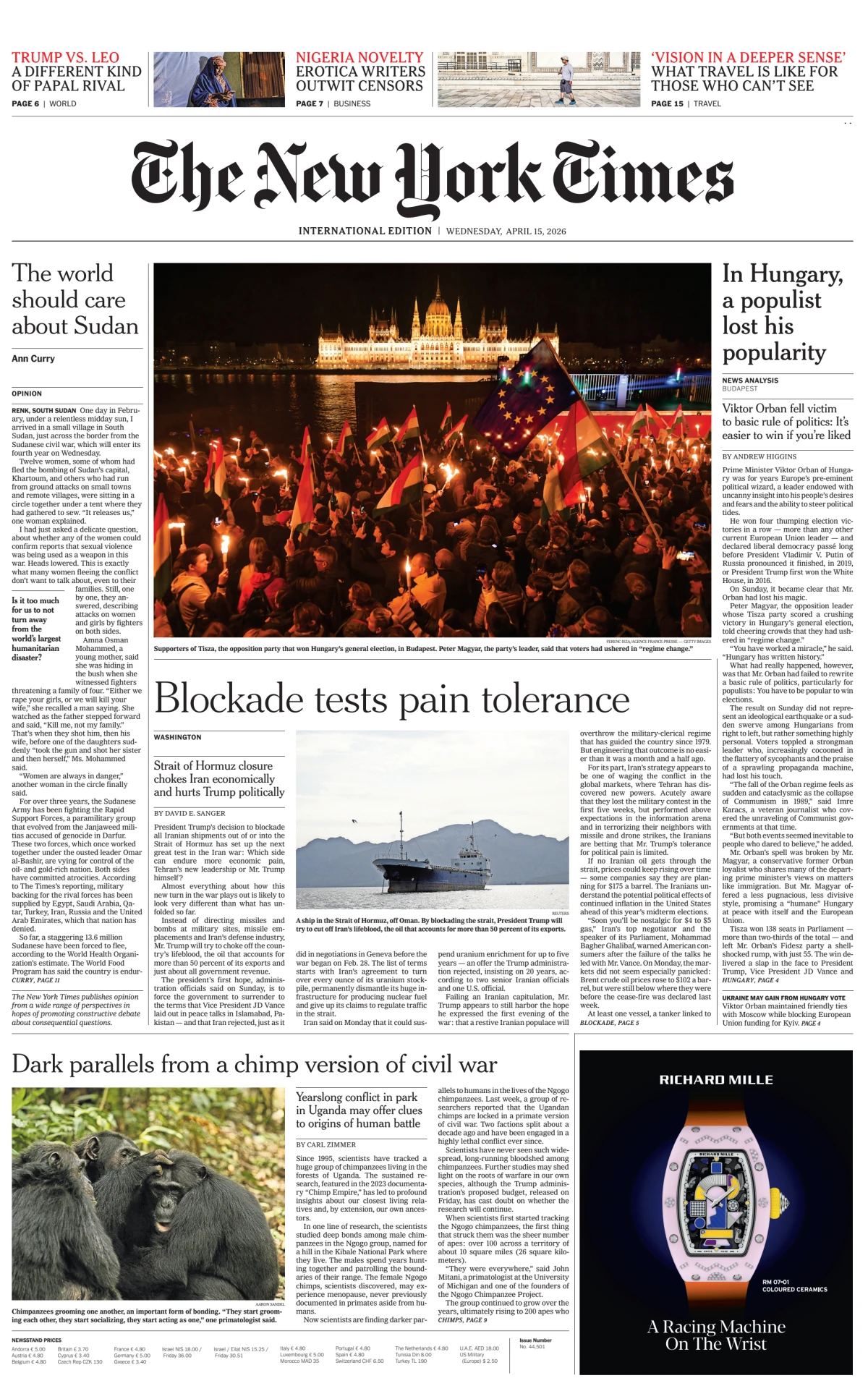 Portada de The New York Times (international) del miércoles, 15 de abril de 2026