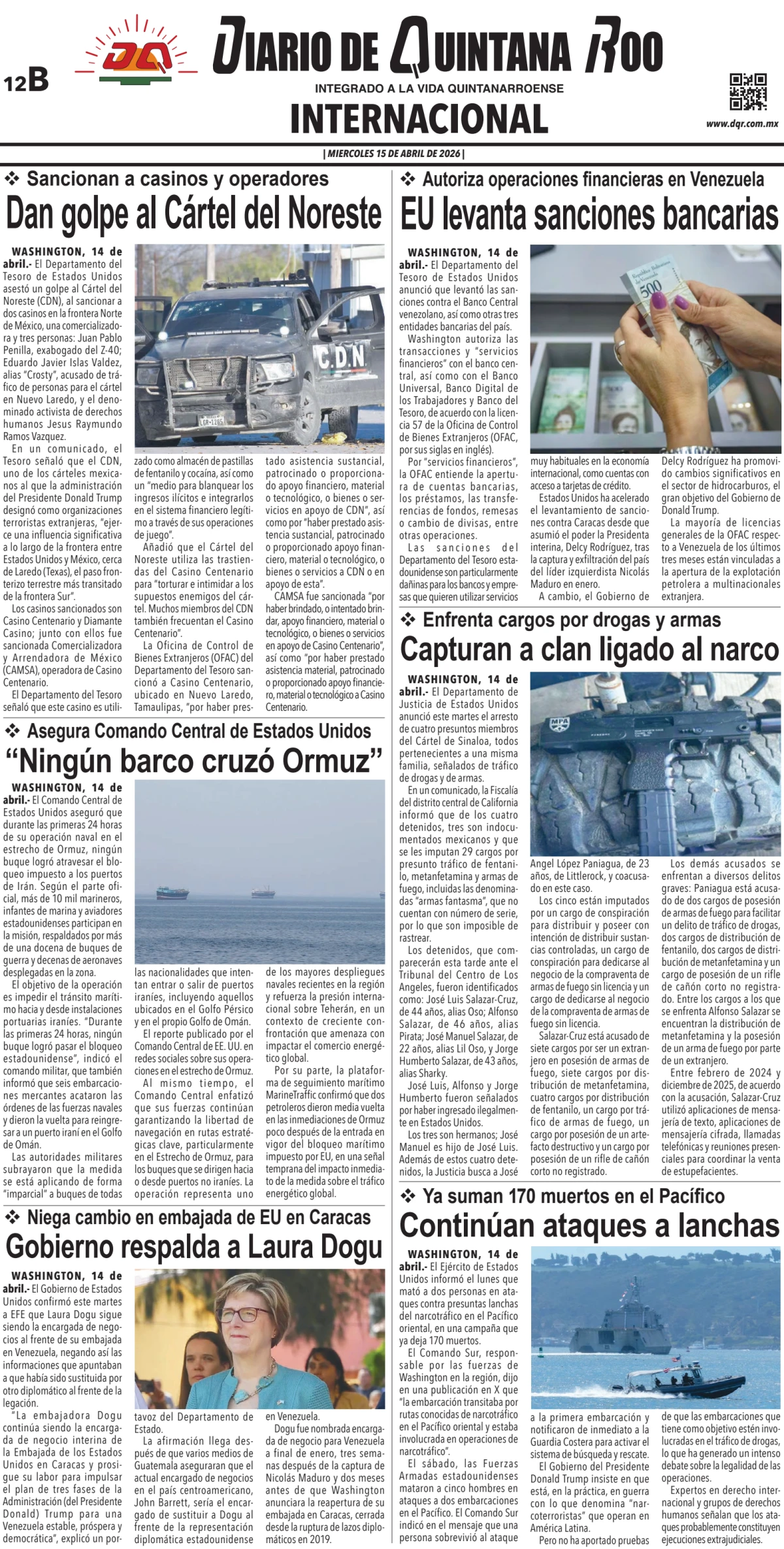 Portada de Diario de Quintana Roo (contra Portada) del miércoles, 15 de abril de 2026