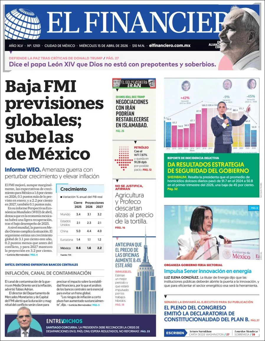 Portada de El Financiero del miércoles, 15 de abril de 2026