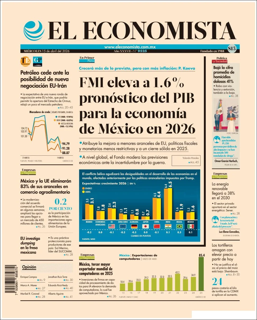 Portada de El Economista del miércoles, 15 de abril de 2026