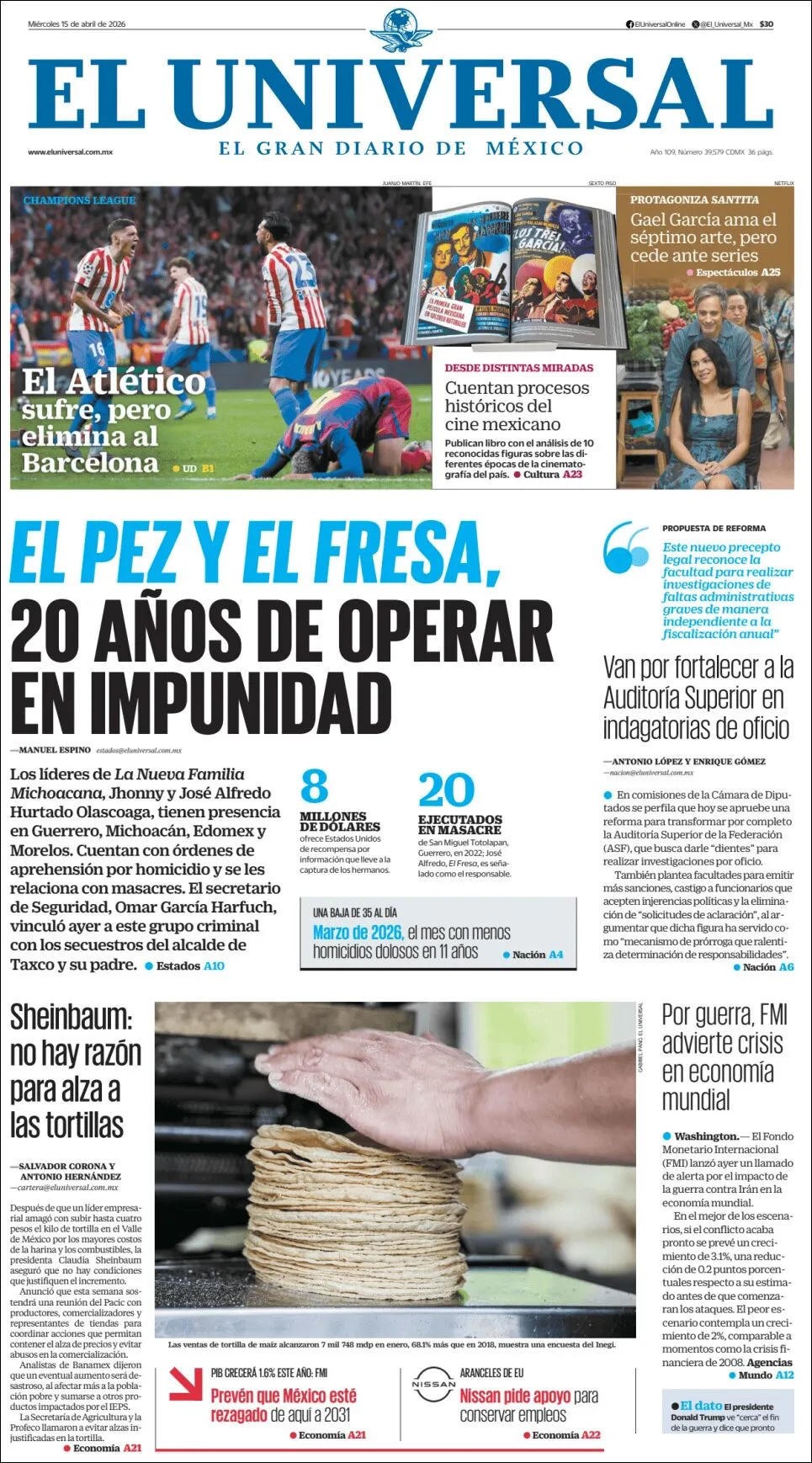 Portada de El Universal del miércoles, 15 de abril de 2026