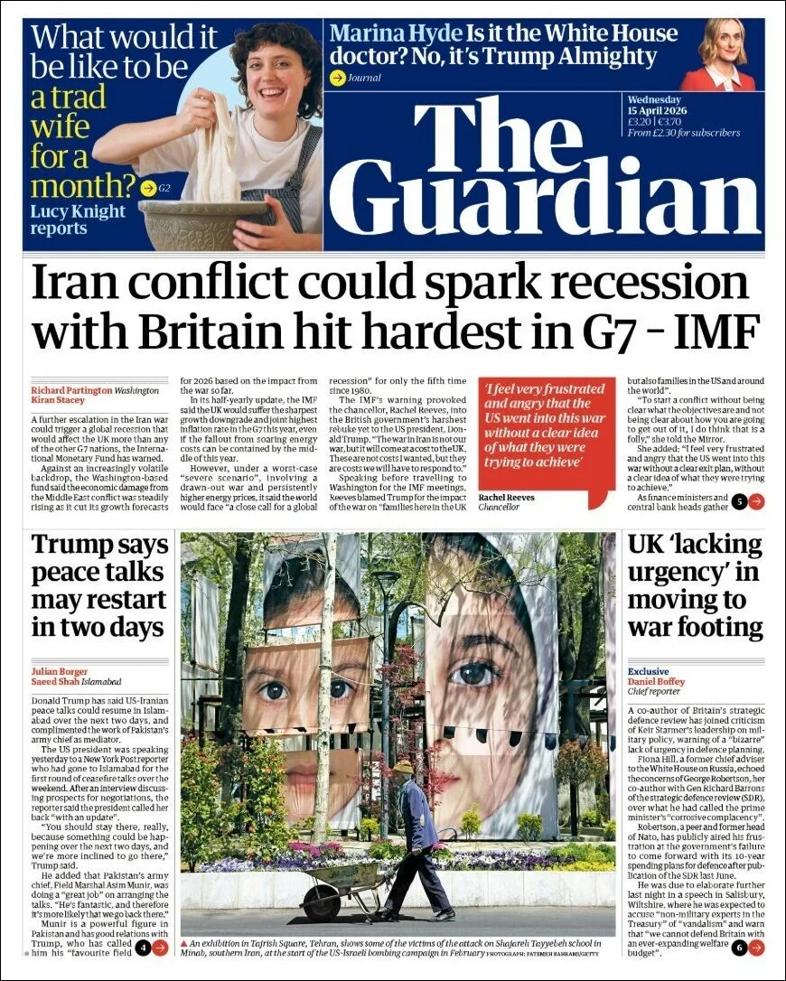 Portada de The Guardian (reino Unido) del miércoles, 15 de abril de 2026
