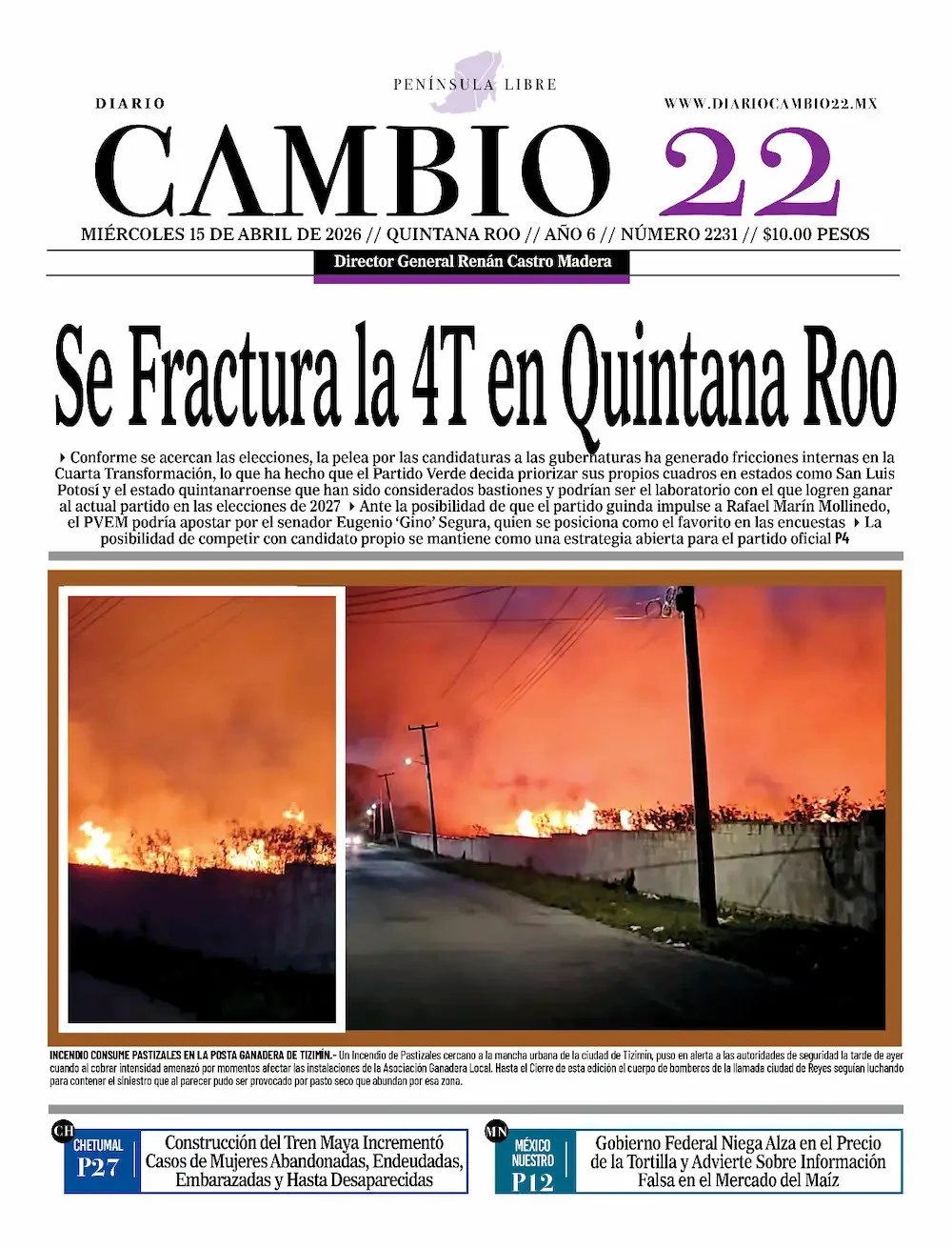 Portada de Diario Cambio 22 (portada) del miércoles, 15 de abril de 2026