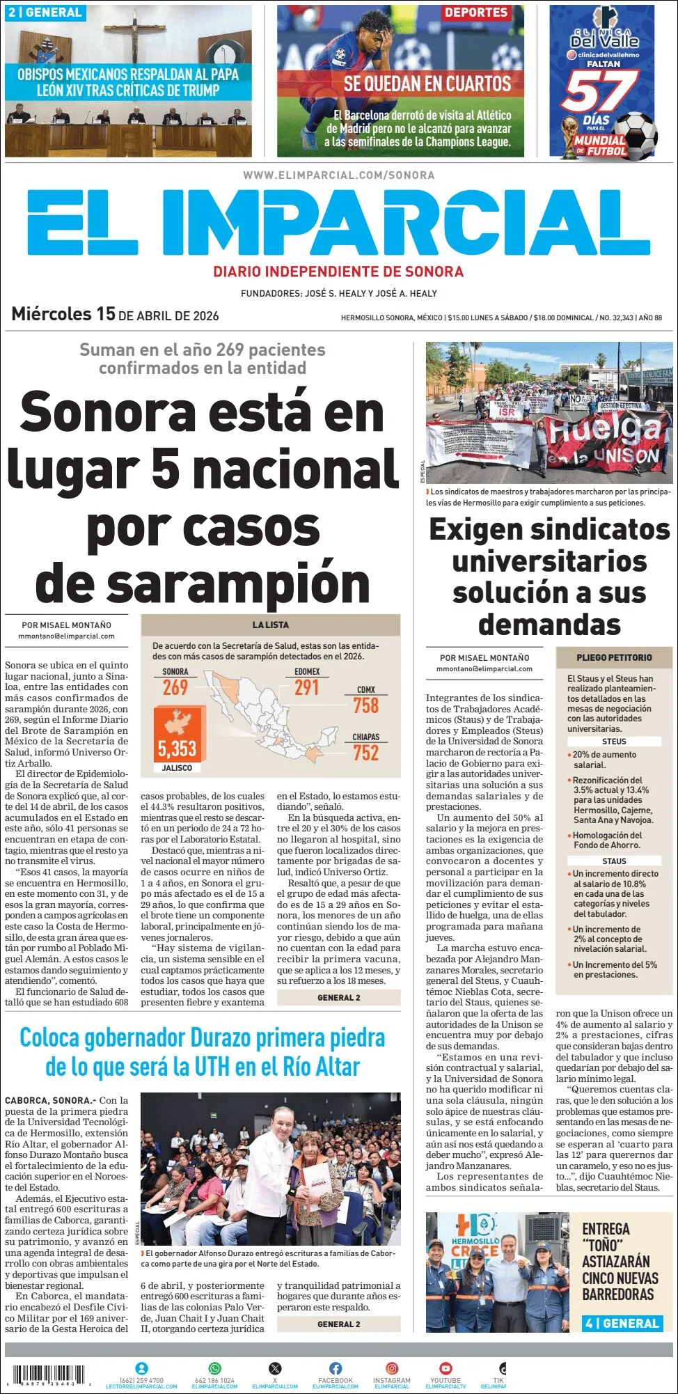 Portada de El Imparcial del miércoles, 15 de abril de 2026