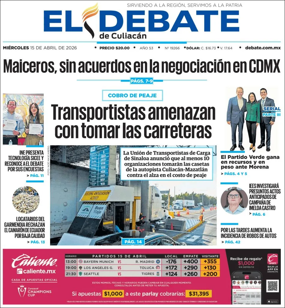 Portada de El Debate de Culiacan del miércoles, 15 de abril de 2026
