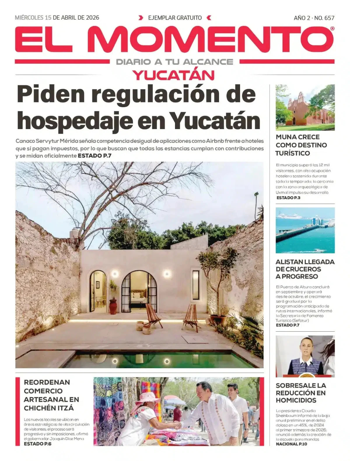 Portada de El Momento Yucatan del miércoles, 15 de abril de 2026
