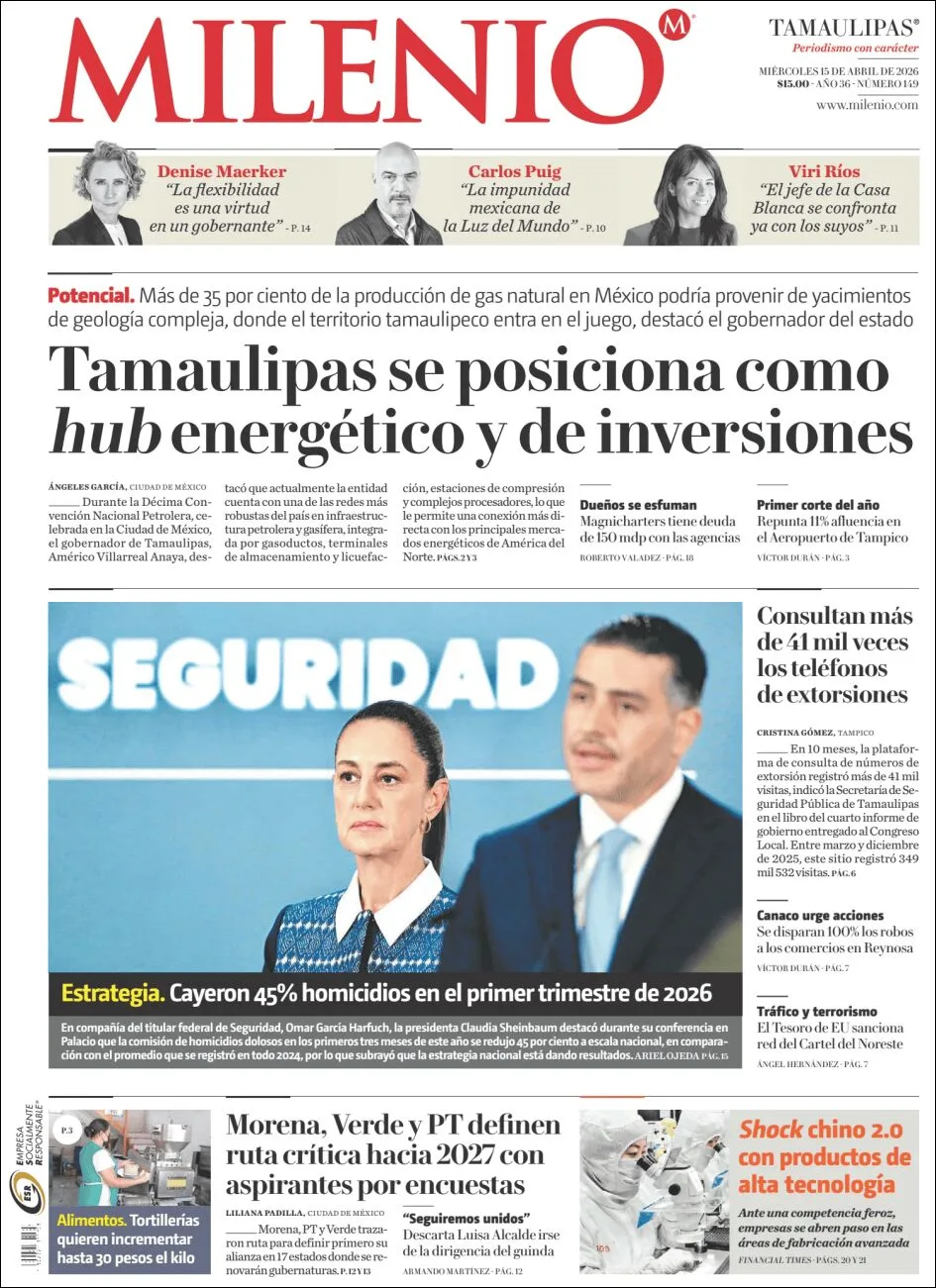 Portada de Milenio Tamaulipas del miércoles, 15 de abril de 2026