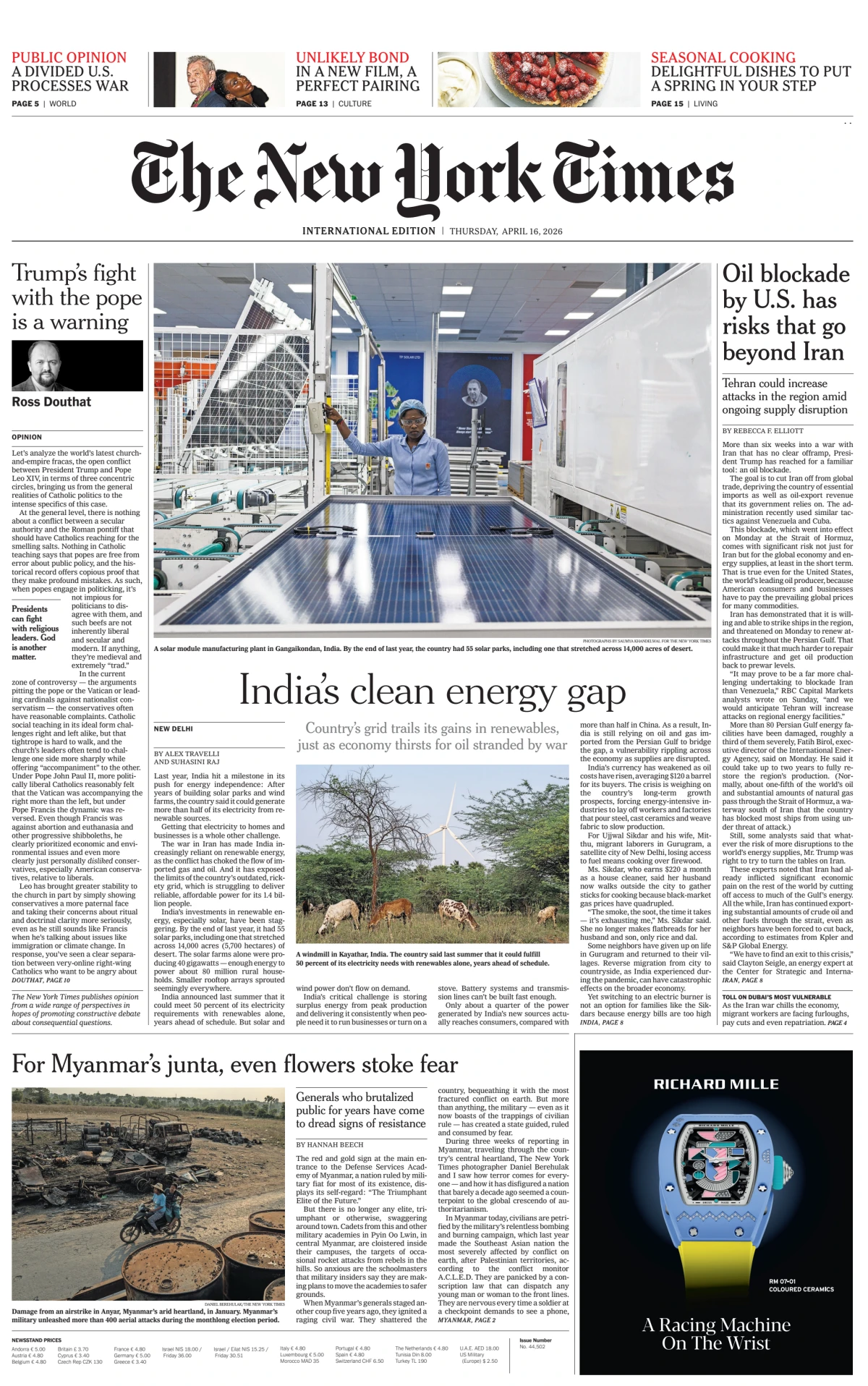 Portada de The New York Times (international) del jueves, 16 de abril de 2026