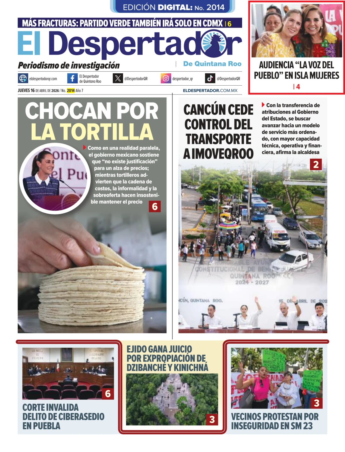 Portada de El Despertador de Quintana Roo del jueves, 16 de abril de 2026