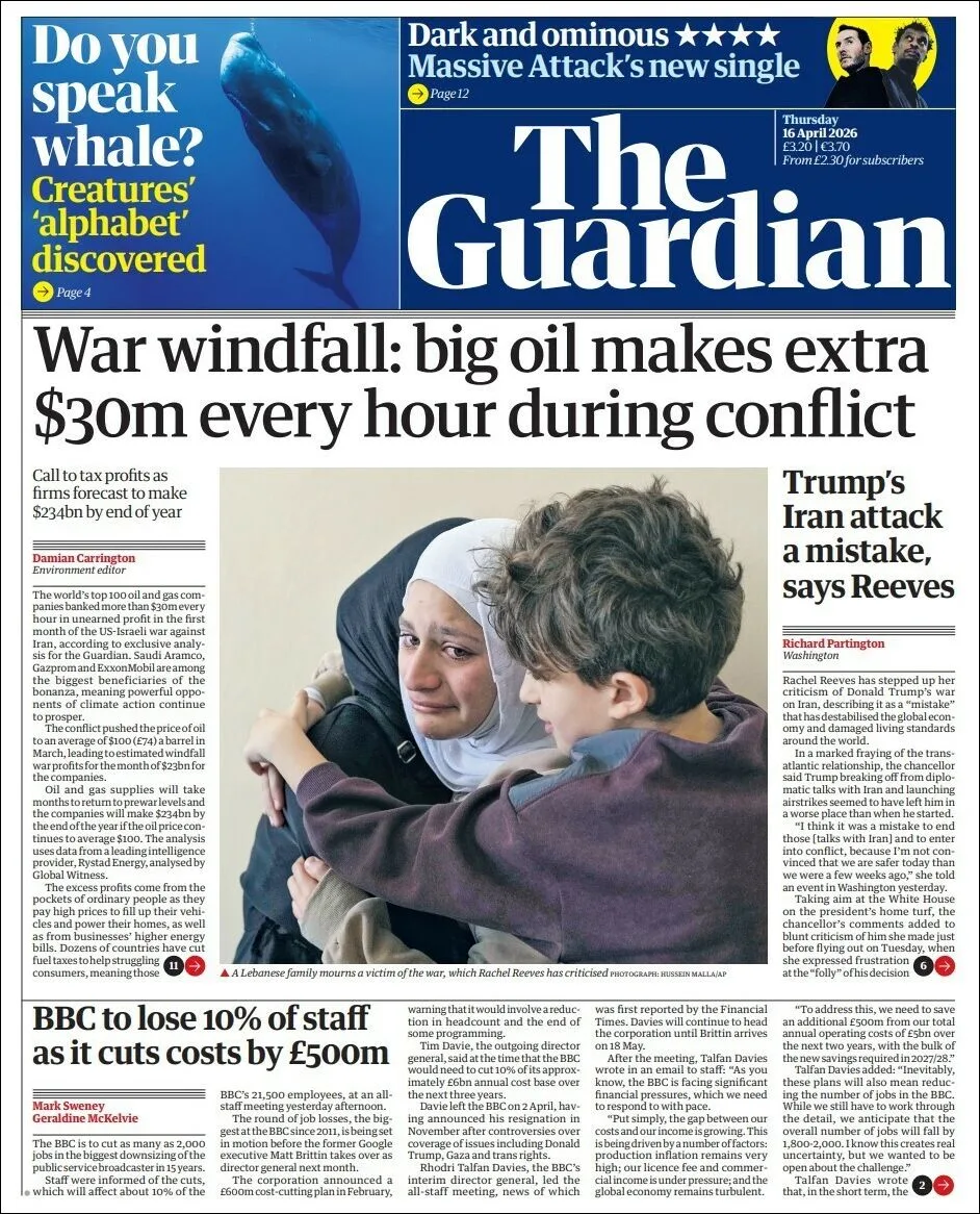 Portada de The Guardian (reino Unido) del jueves, 16 de abril de 2026