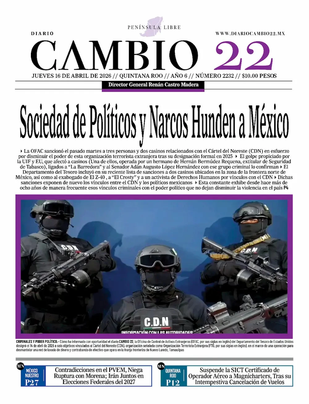 Portada de Diario Cambio 22 (portada) del jueves, 16 de abril de 2026