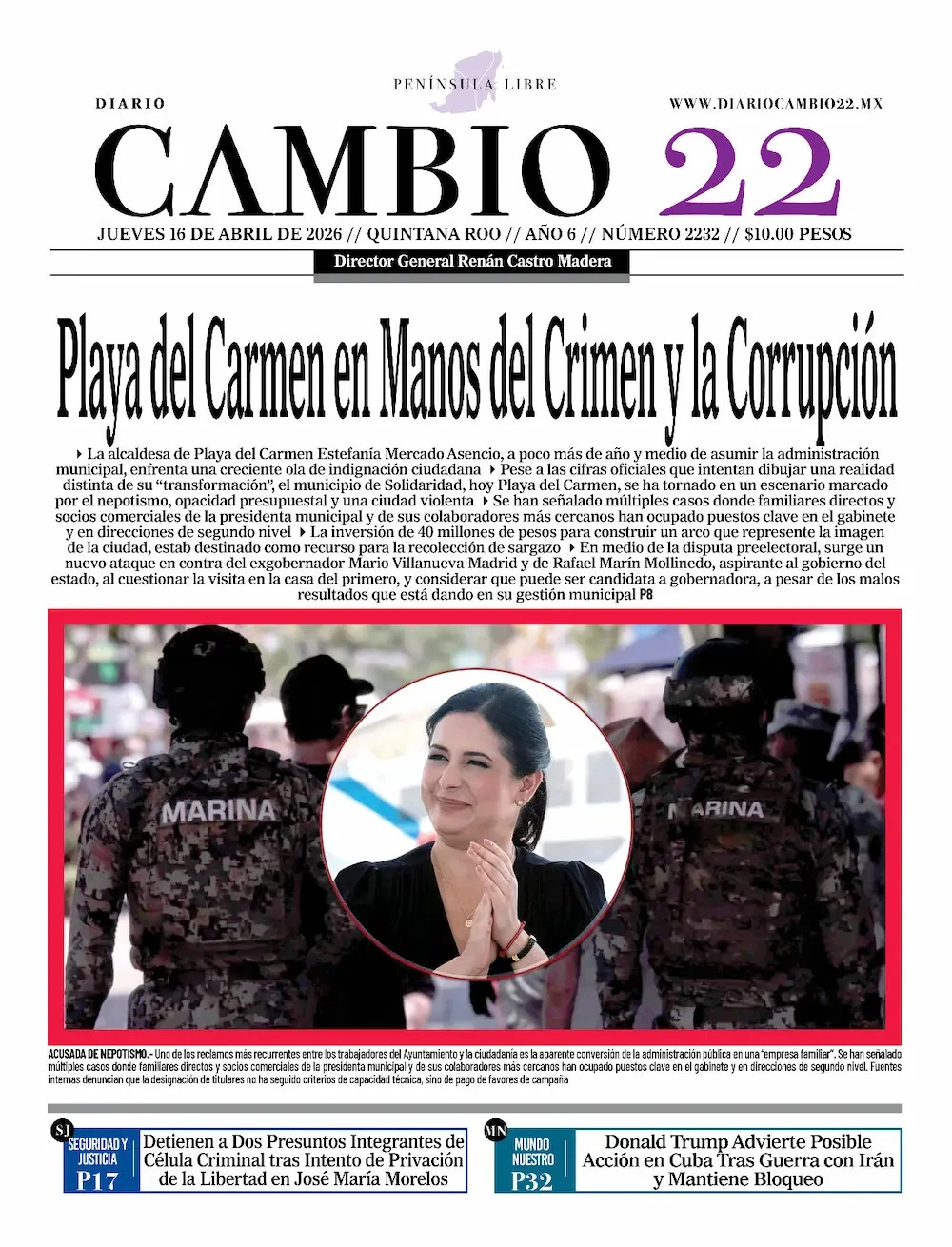 Portada de Diario Cambio 22 (contraportada) del jueves, 16 de abril de 2026