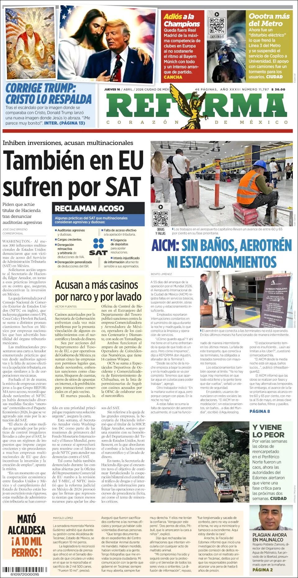 Portada de Reforma del jueves, 16 de abril de 2026