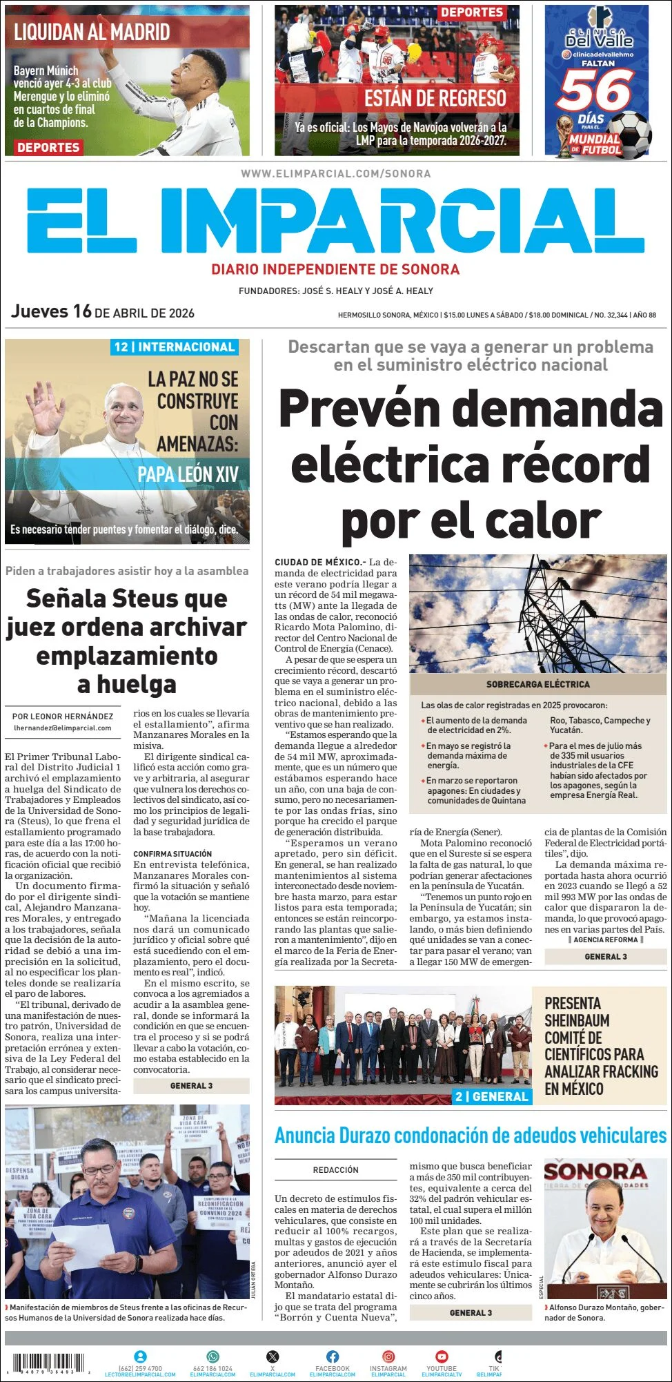 Portada de El Imparcial del jueves, 16 de abril de 2026