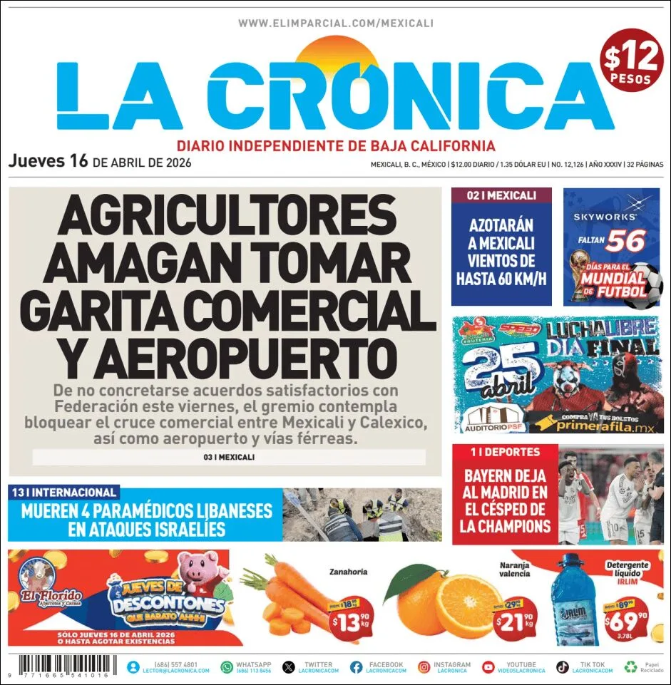 Portada de La Cronica del jueves, 16 de abril de 2026