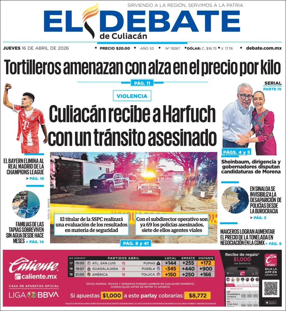 Portada de El Debate de Culiacan del jueves, 16 de abril de 2026