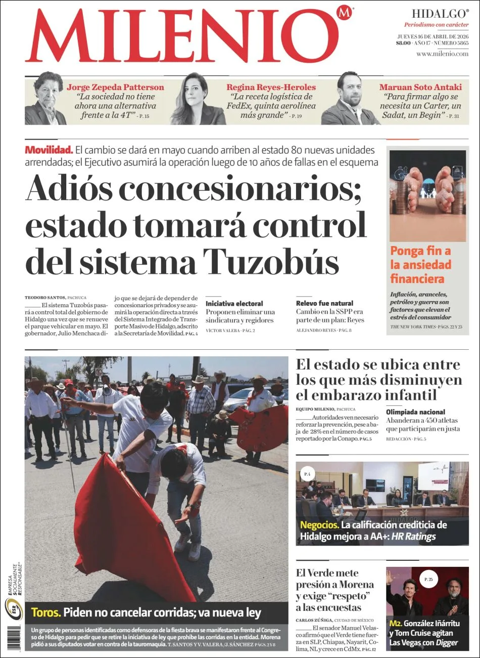 Portada de Milenio Hidalgo del jueves, 16 de abril de 2026