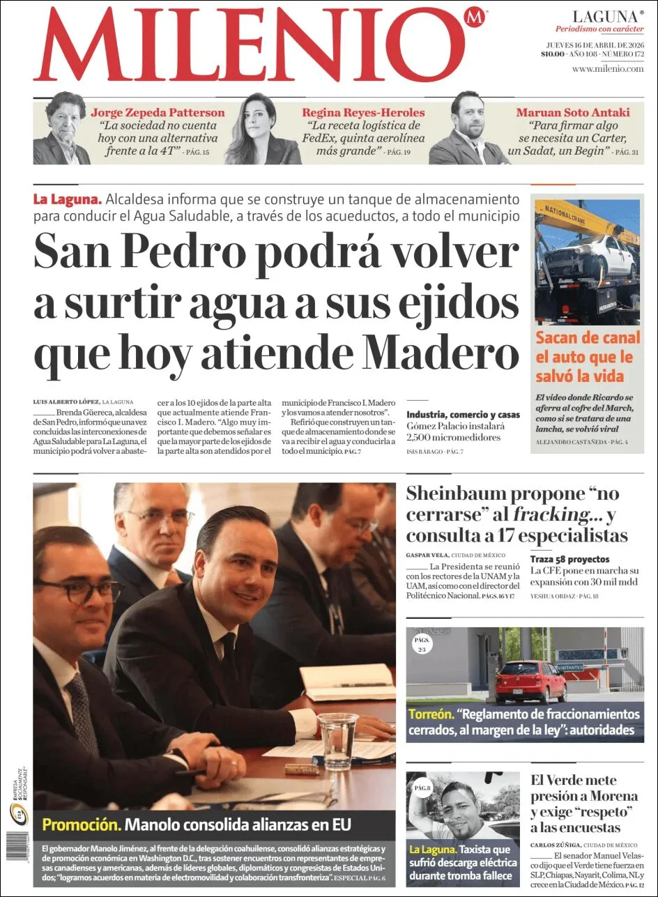 Portada de Milenio Laguna del jueves, 16 de abril de 2026