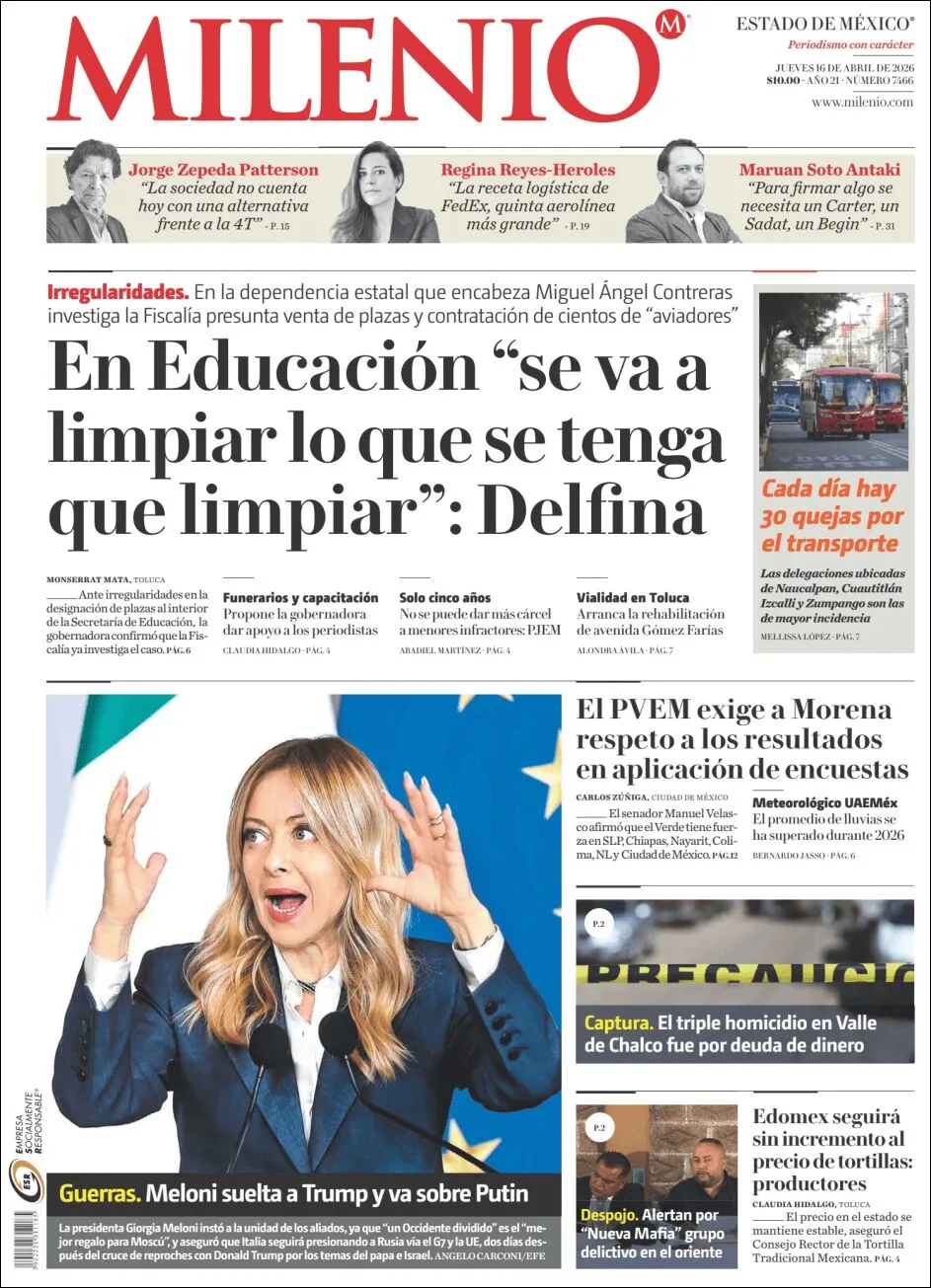 Portada de Milenio Edo de Mexico del jueves, 16 de abril de 2026