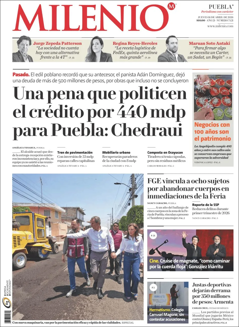Portada de Milenio Puebla del jueves, 16 de abril de 2026
