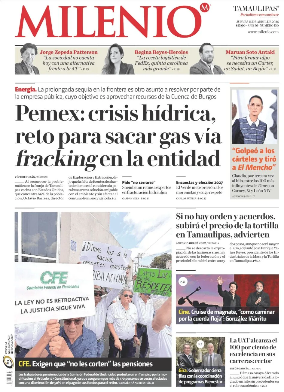Portada de Milenio Tamaulipas del jueves, 16 de abril de 2026