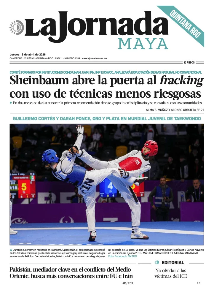 Portada de La Jornada Maya Quintana Roo del jueves, 16 de abril de 2026