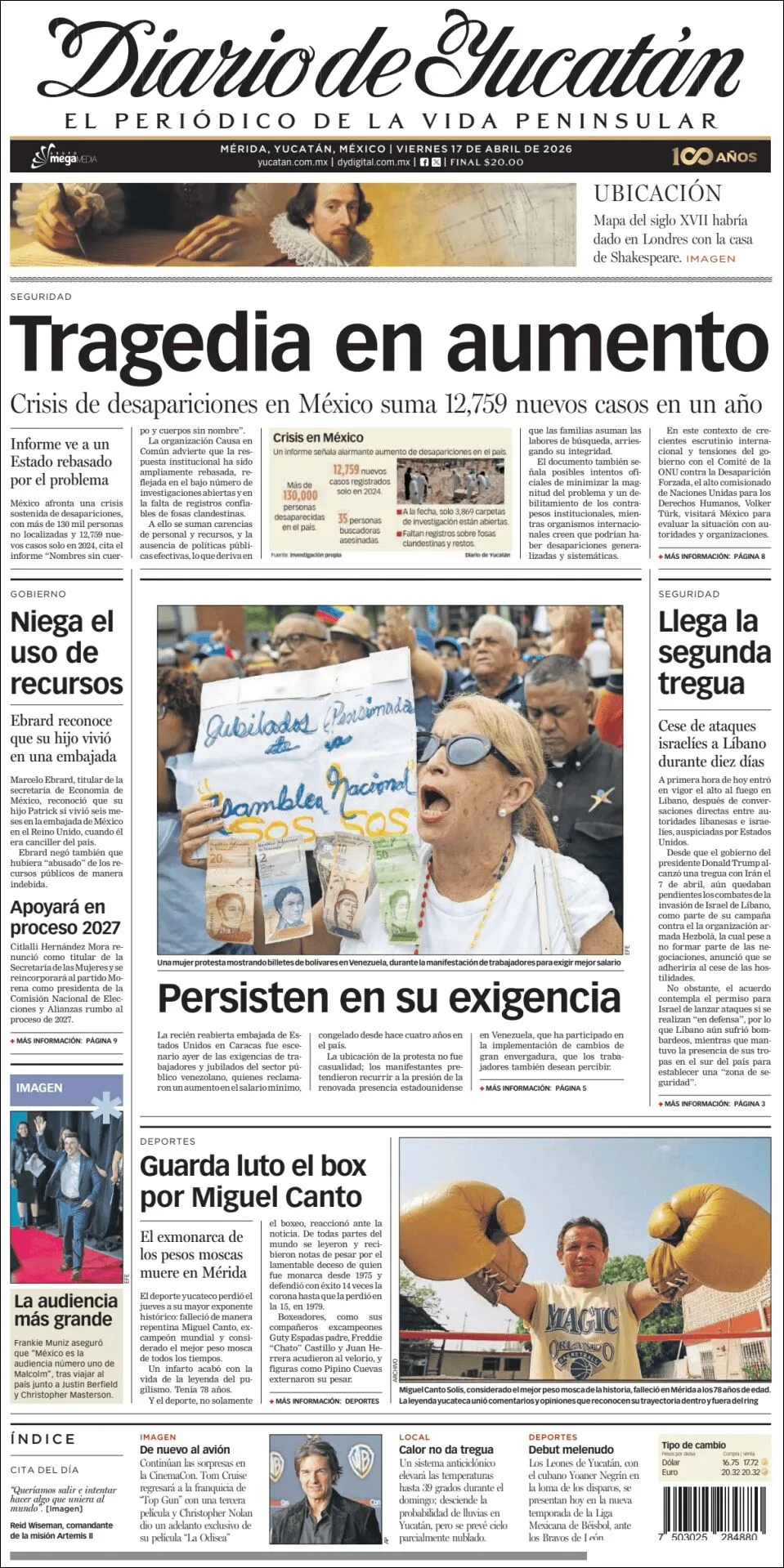 Portada de Diario de Yucatán del viernes, 17 de abril de 2026
