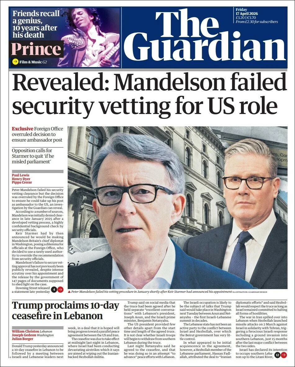 Portada de The Guardian (reino Unido) del viernes, 17 de abril de 2026