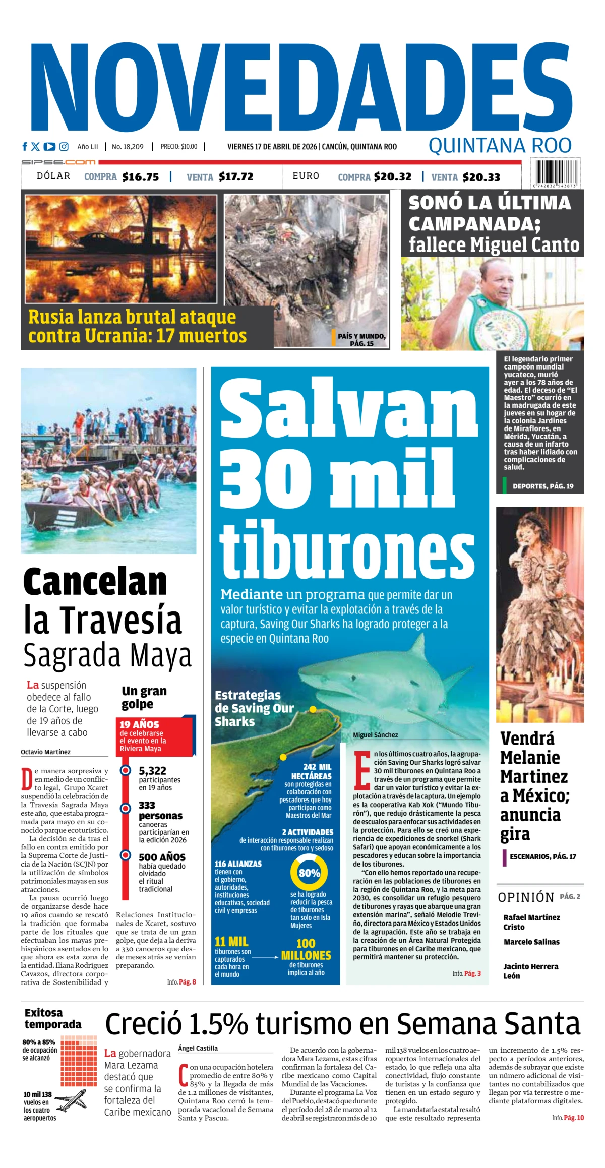 Portada de Novedades Quintana Roo del viernes, 17 de abril de 2026
