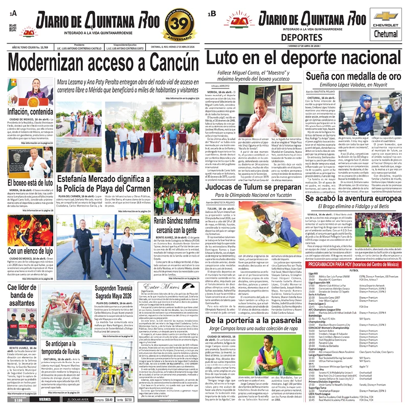 Portada de Diario de Quintana Roo (portada) del viernes, 17 de abril de 2026