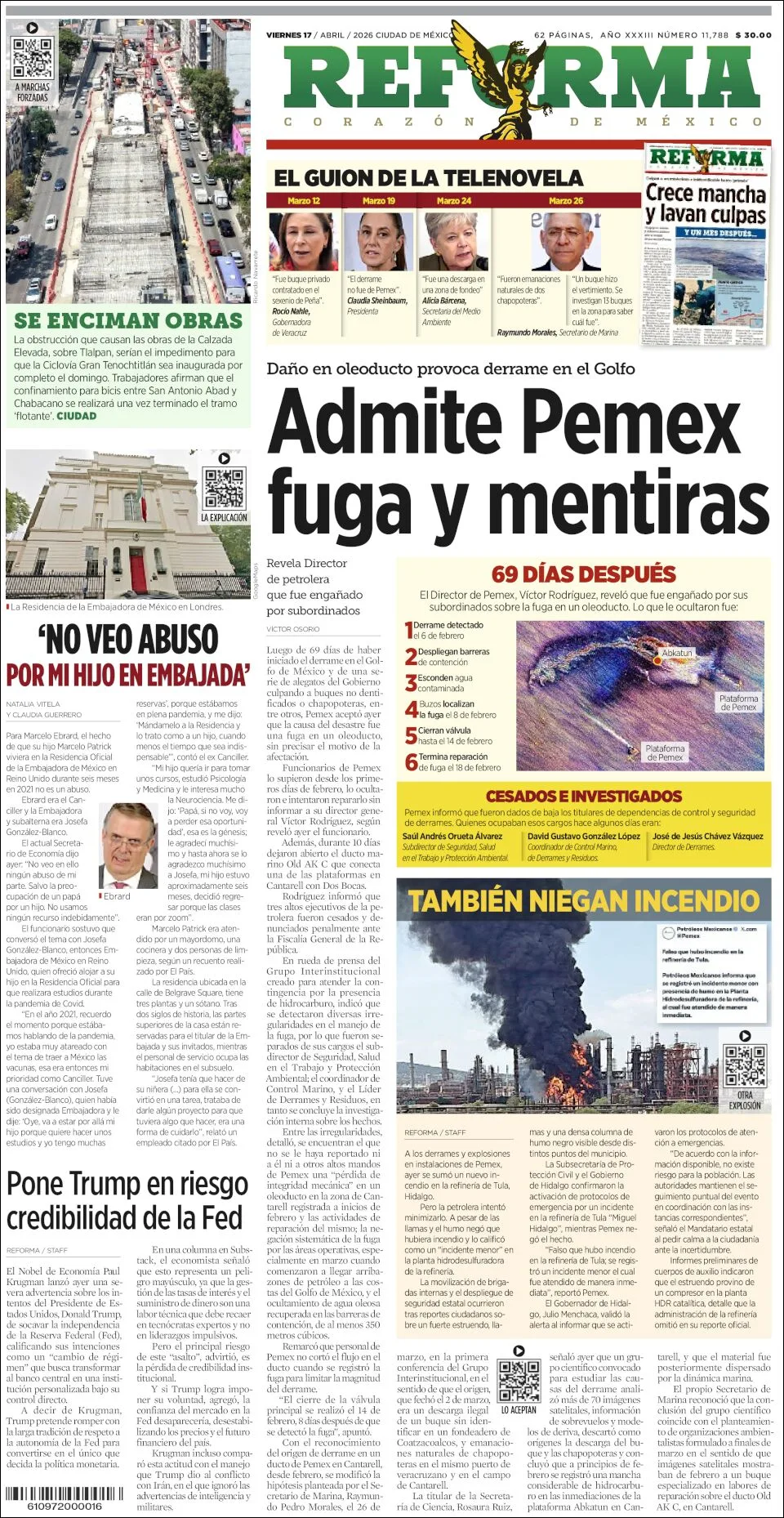 Portada de Reforma del viernes, 17 de abril de 2026