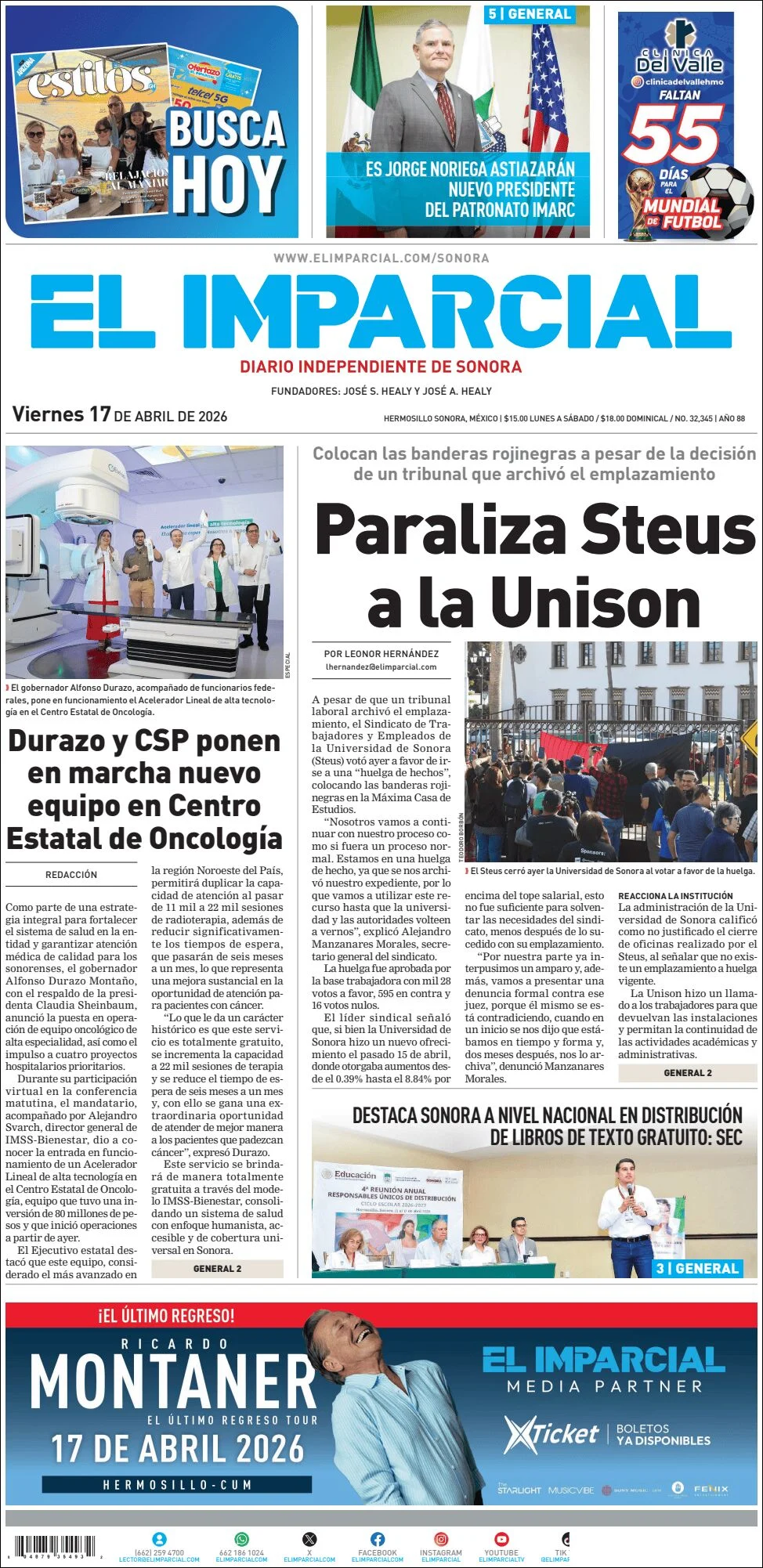 Portada de El Imparcial del viernes, 17 de abril de 2026