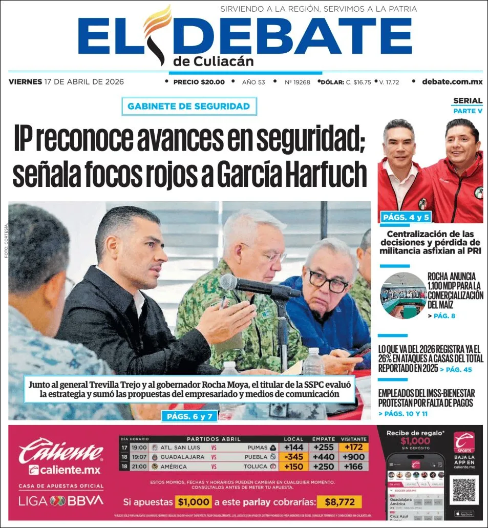 Portada de El Debate de Culiacan del viernes, 17 de abril de 2026