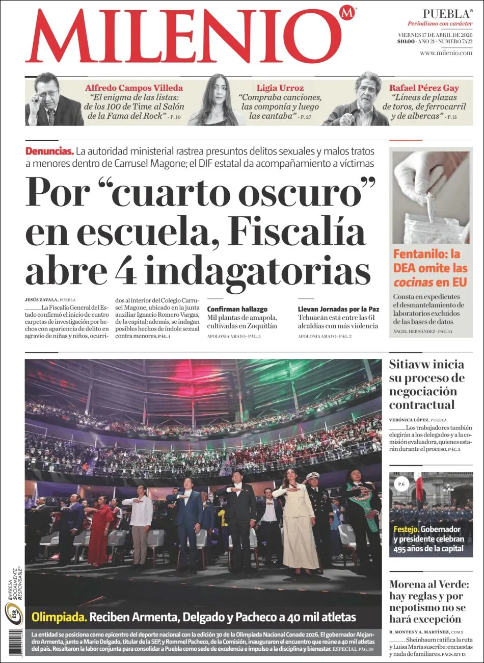 Portada de Milenio Puebla del viernes, 17 de abril de 2026