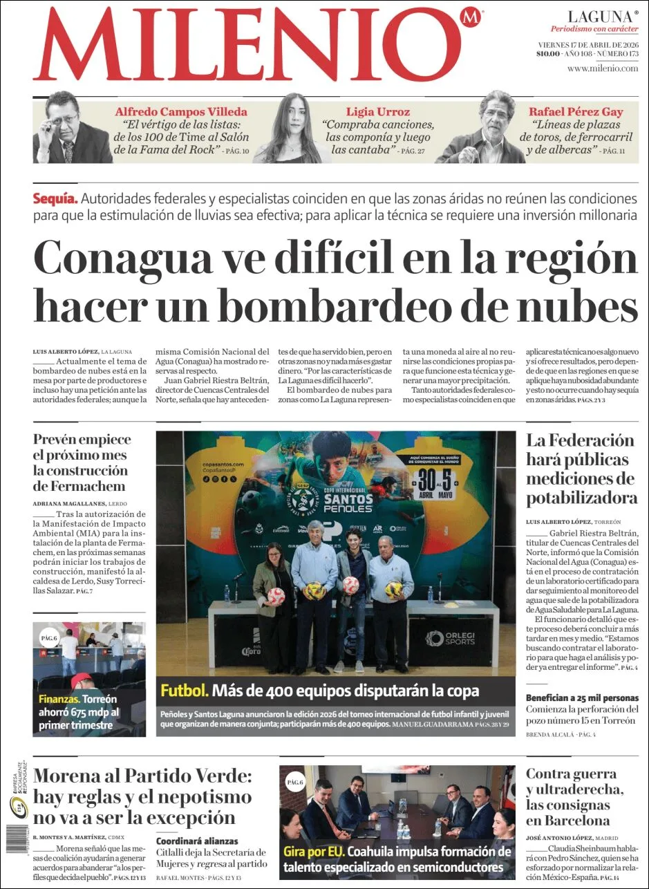 Portada de Milenio Laguna del viernes, 17 de abril de 2026